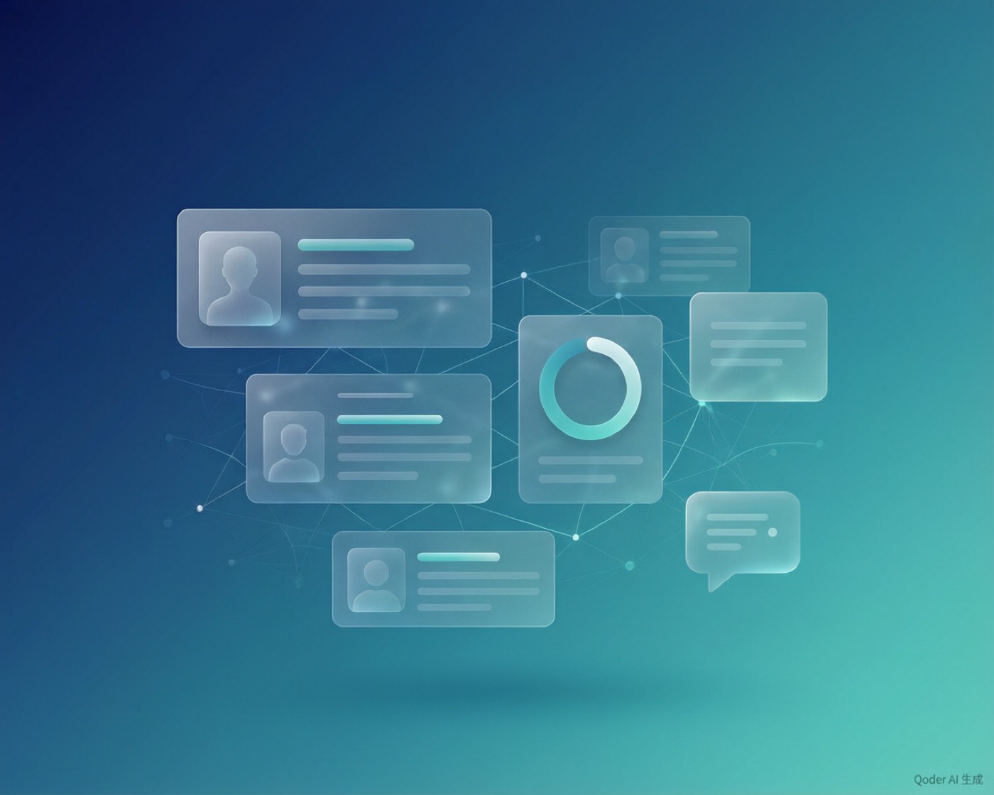Abstract illustration of AI-assisted recruiting: floating profile cards, a matching score ring and a chat bubble on a blue-to-teal gradient.